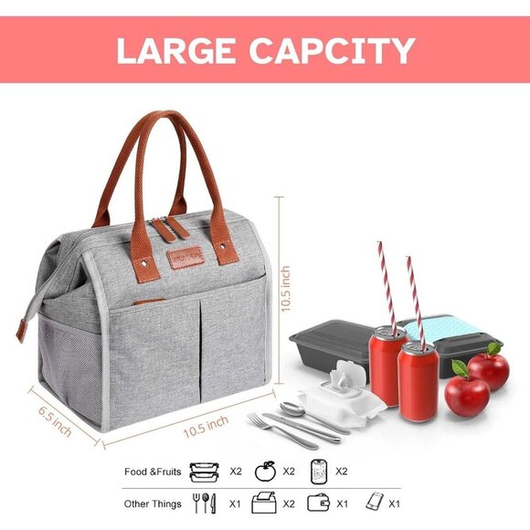 Insulated Lunch Bag Gray for Women & Men Reusable Cooler Tote for Work - Picture 3 of 7